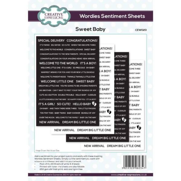 Creative Expressions Wordies Sentiment Sheets –Sweet Baby Pk 4