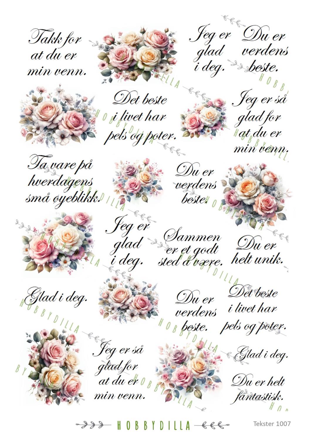 Rispapir A4 Tekster 1007 Små tekster og roser - Bilde 1