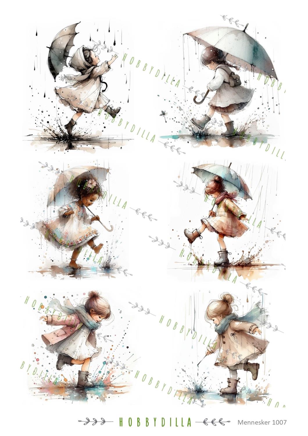 Rispapir A4 Barn 1007 Jenter i regn - Bilde 1