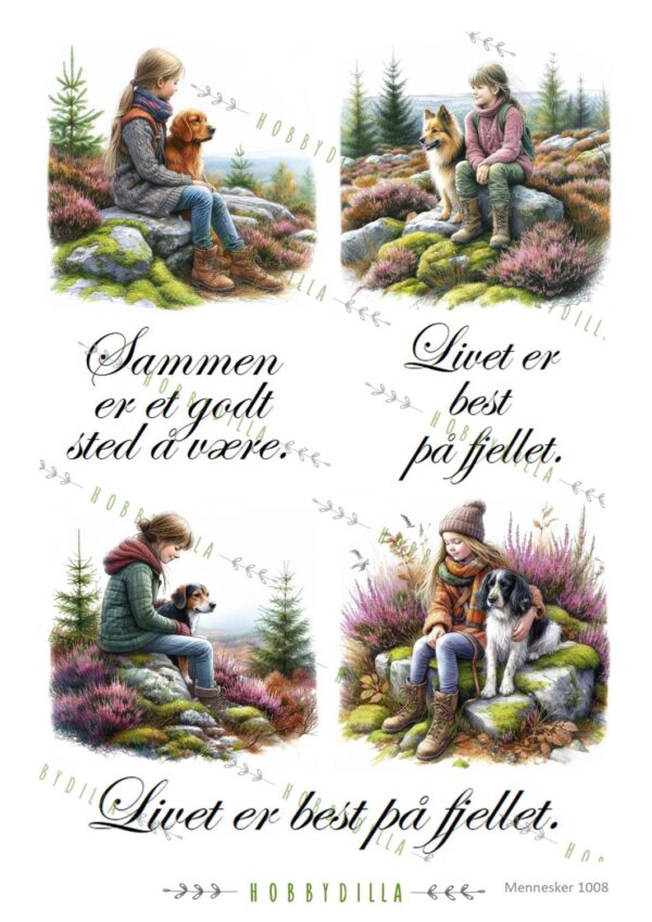 14379_image_b16b9e1dbcb8240c.jpg Rispapir A4 Mennesker 1008 Fjellet, hund, jente, lyng.