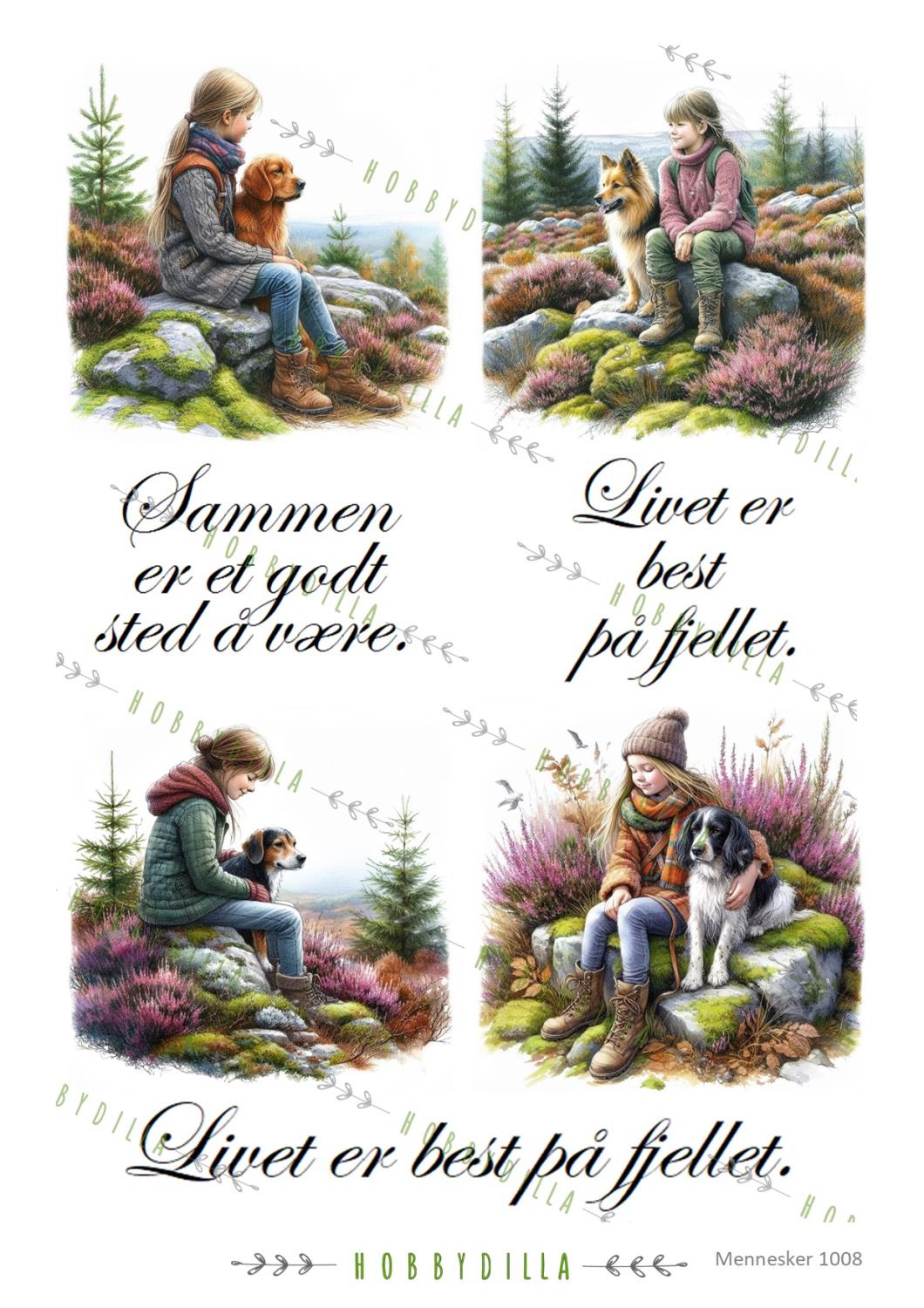 Rispapir A4 Mennesker 1008 Fjellet, hund, jente, lyng. - Bilde 1