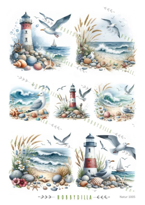 14388_image_17705045211f1b11.jpg Rispapir A4 Natur 1005 Maritimt, måker og fyrtårn