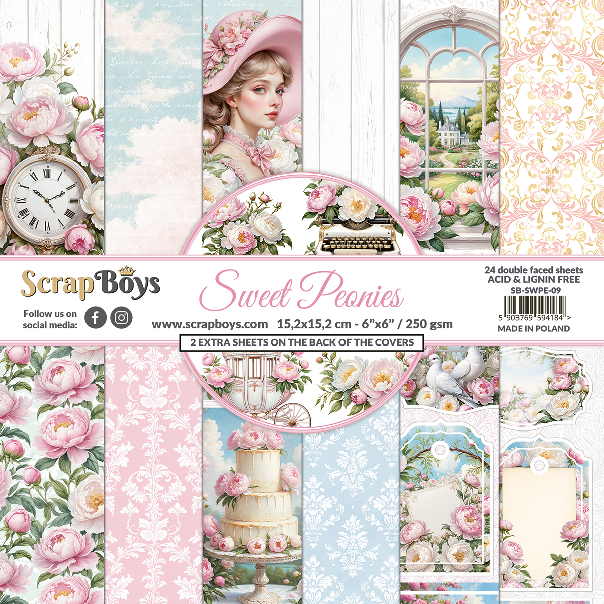 ScrapBoys Sweet Peonies  SB-SWPE-09  6x6 Blokk - Bilde 1