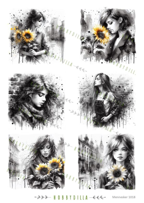 14783_image_712b3c50bd1d160d.jpg Rispapir A4 Mennesker 1018 Svart hvit, jenter med solsikker