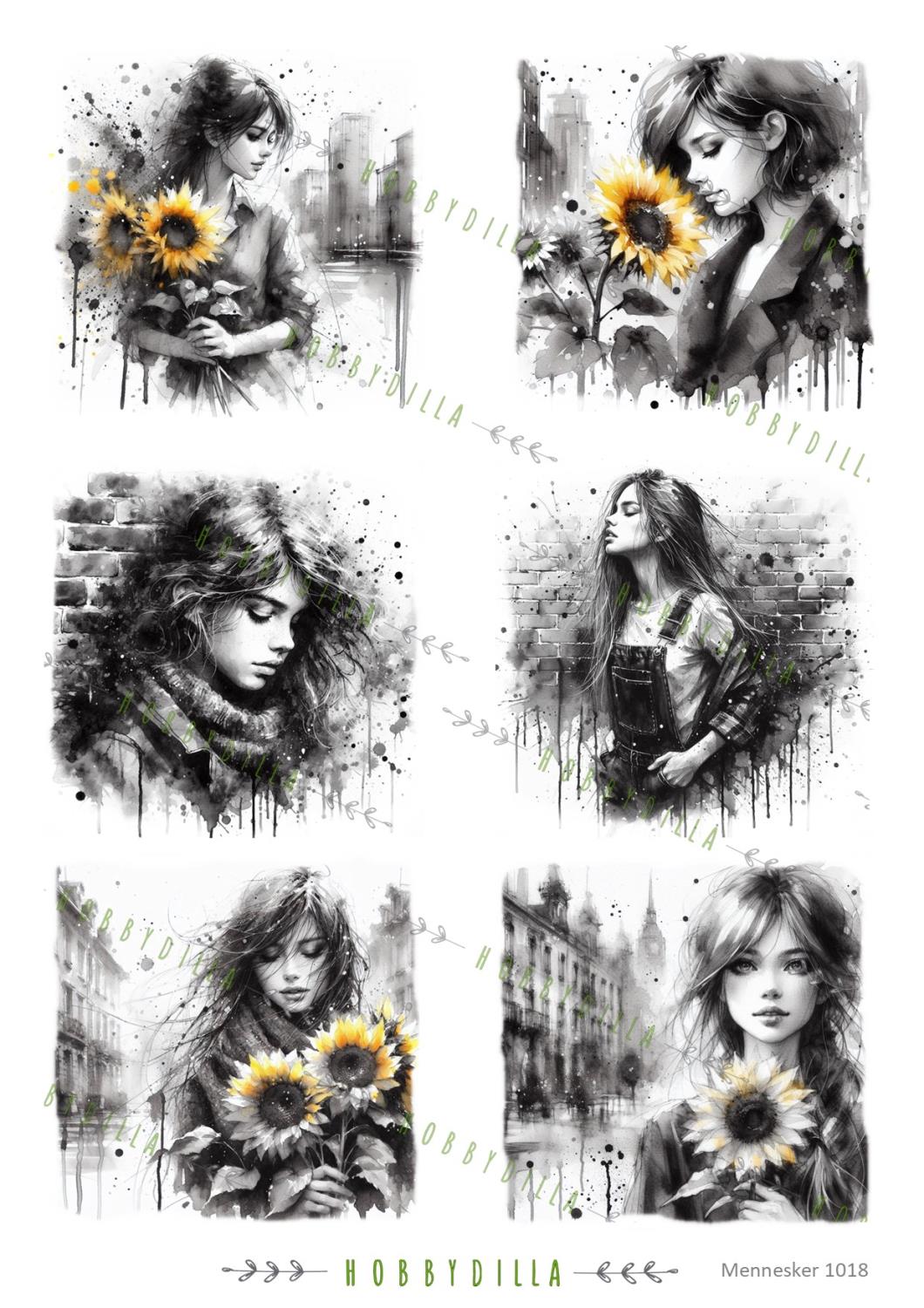 Rispapir A4 Mennesker 1018 Svart hvit, jenter med solsikker - Bilde 1