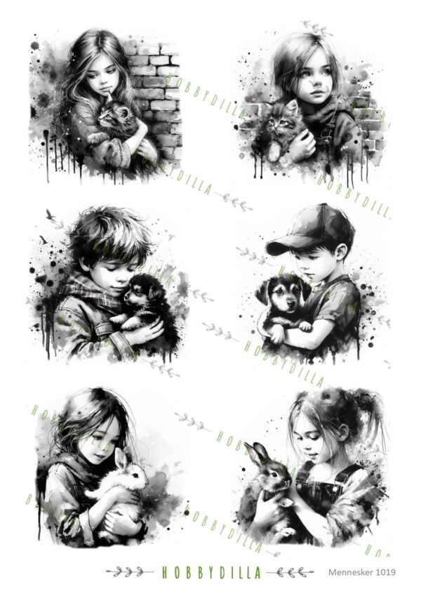 14784_image_635bac7d59b243bf.jpg Rispapir A4 Mennesker 1019 Svart hvit, barn med dyr