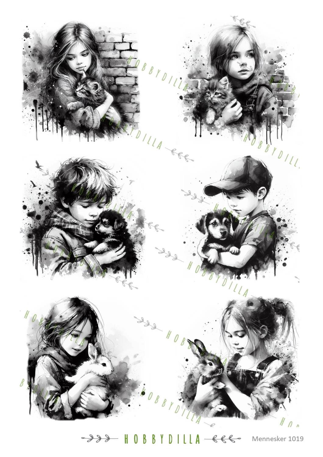 Rispapir A4 Mennesker 1019 Svart hvit, barn med dyr - Bilde 1