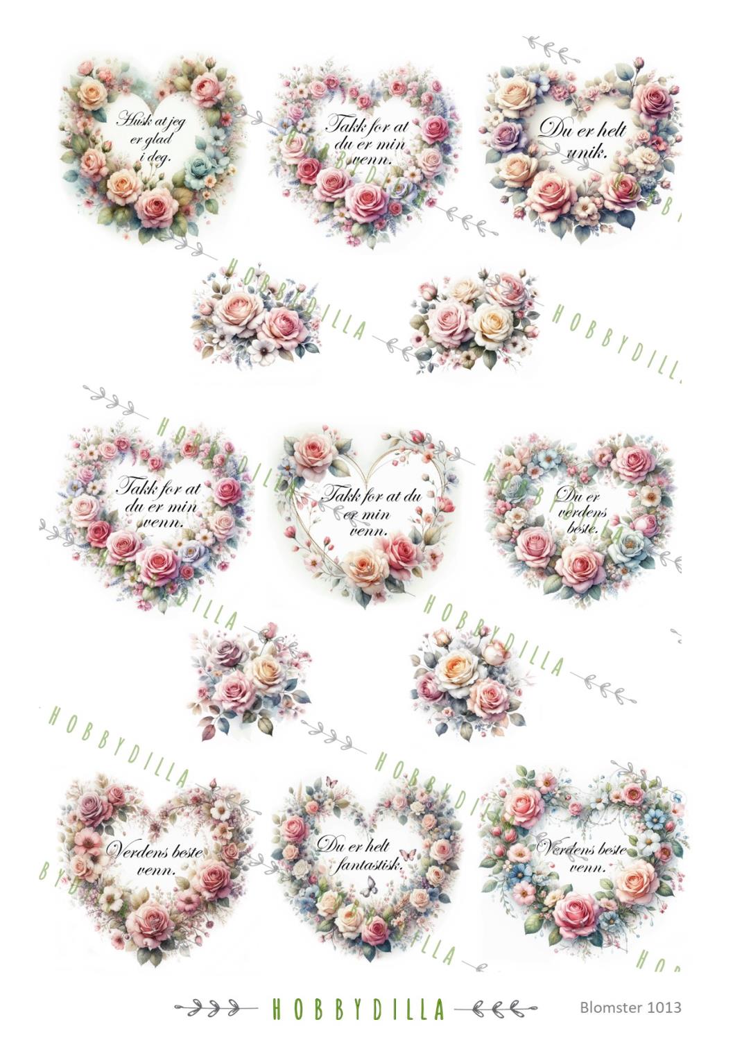 Motivark  Blomster 1013 M Hjerterammer med tekst - Bilde 1