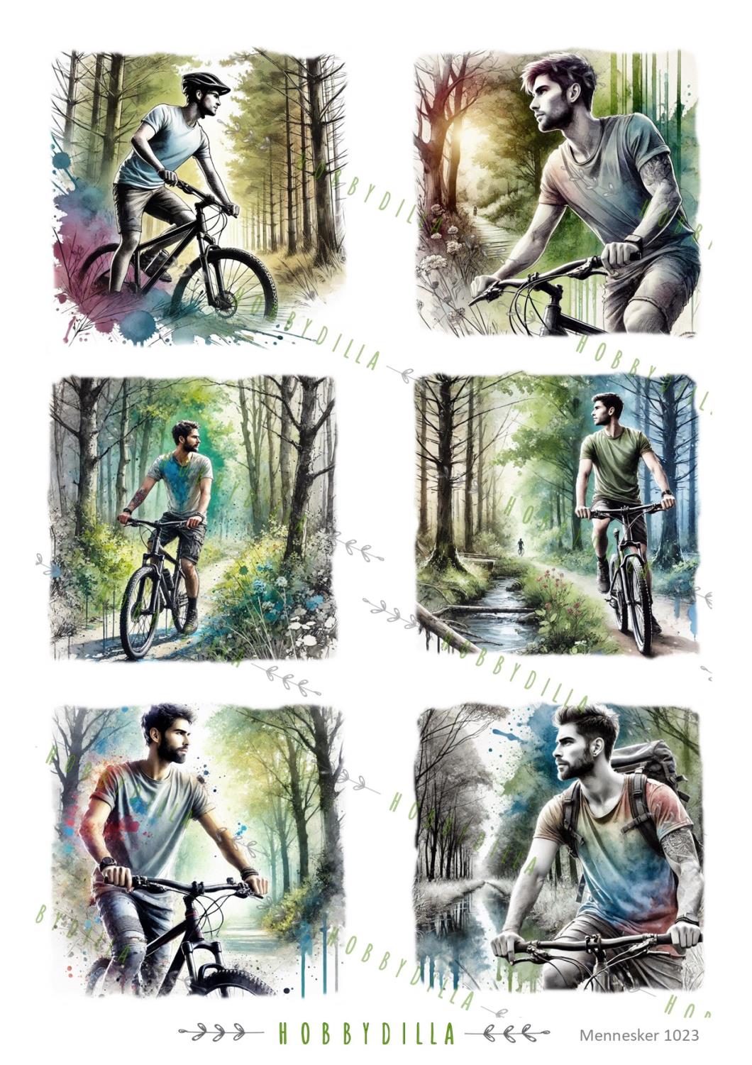 Rispapir A4  Mennesker 1023 Menn sykler i skogen - Bilde 1