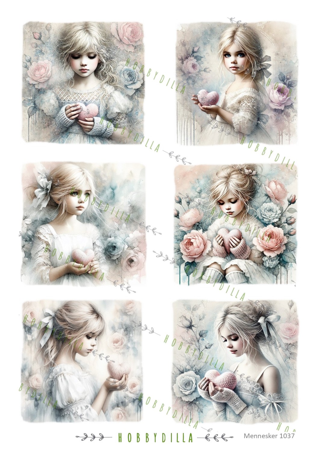 Rispapir A4 Mennesker 1037 Jenter med hjerte og roser 2 - Bilde 1