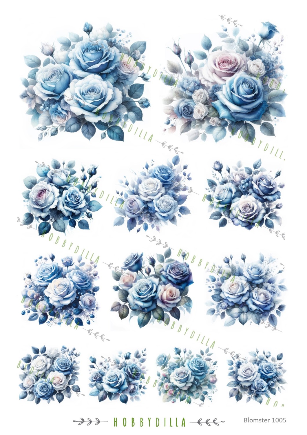 Rispapir A4 Blomster 1005 Blå roser - Bilde 1