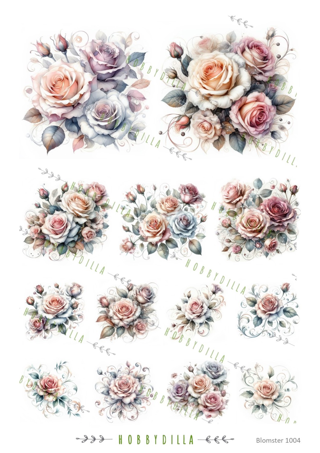 Rispapir A4 Blomster 1004 Roser med swirls - Bilde 1