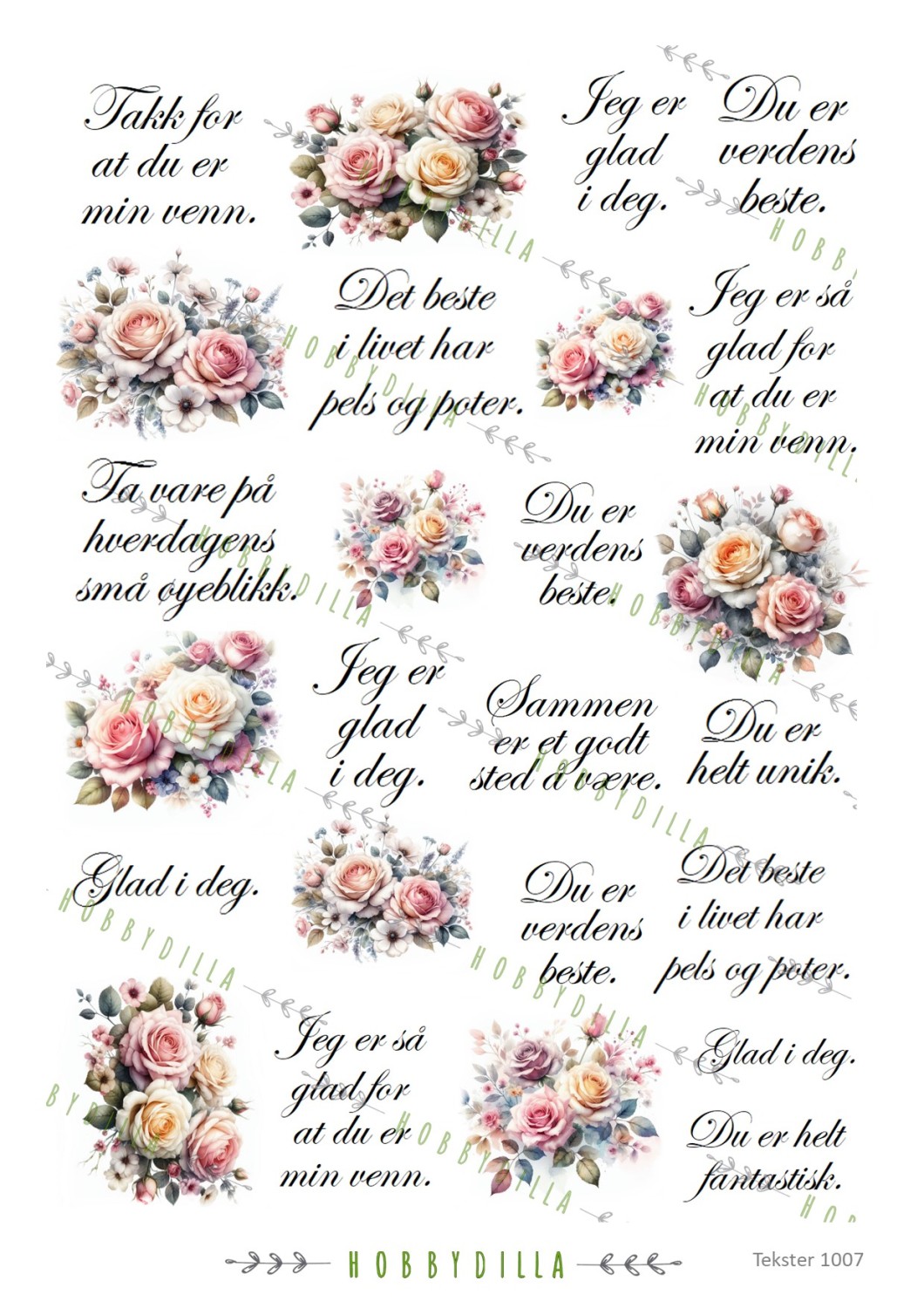 Motivark  Tekster 1007 M  Små tekster og roser - Bilde 1