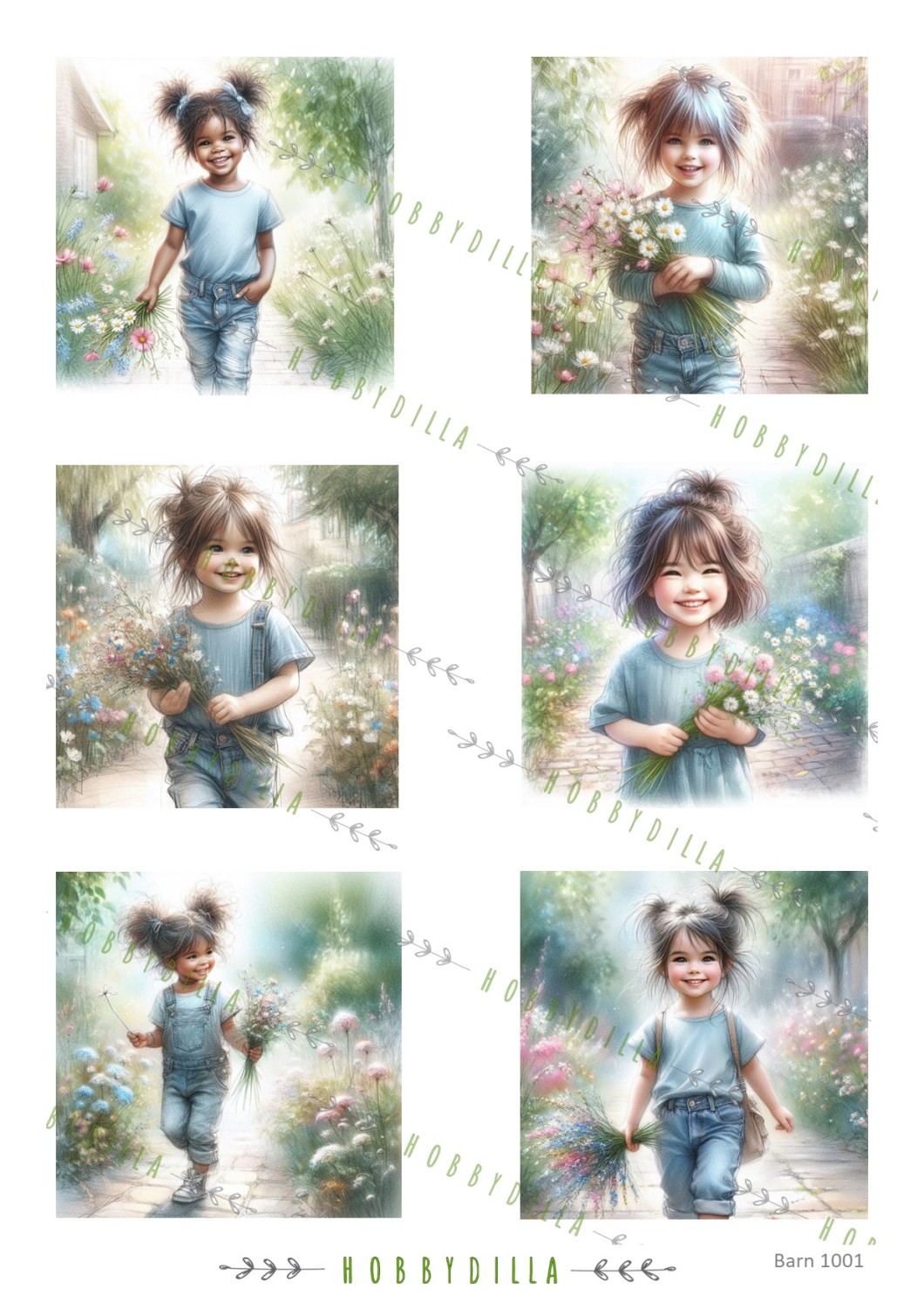 Rispapir A4 Barn 1001 Jenter med sommerblomster - Bilde 1